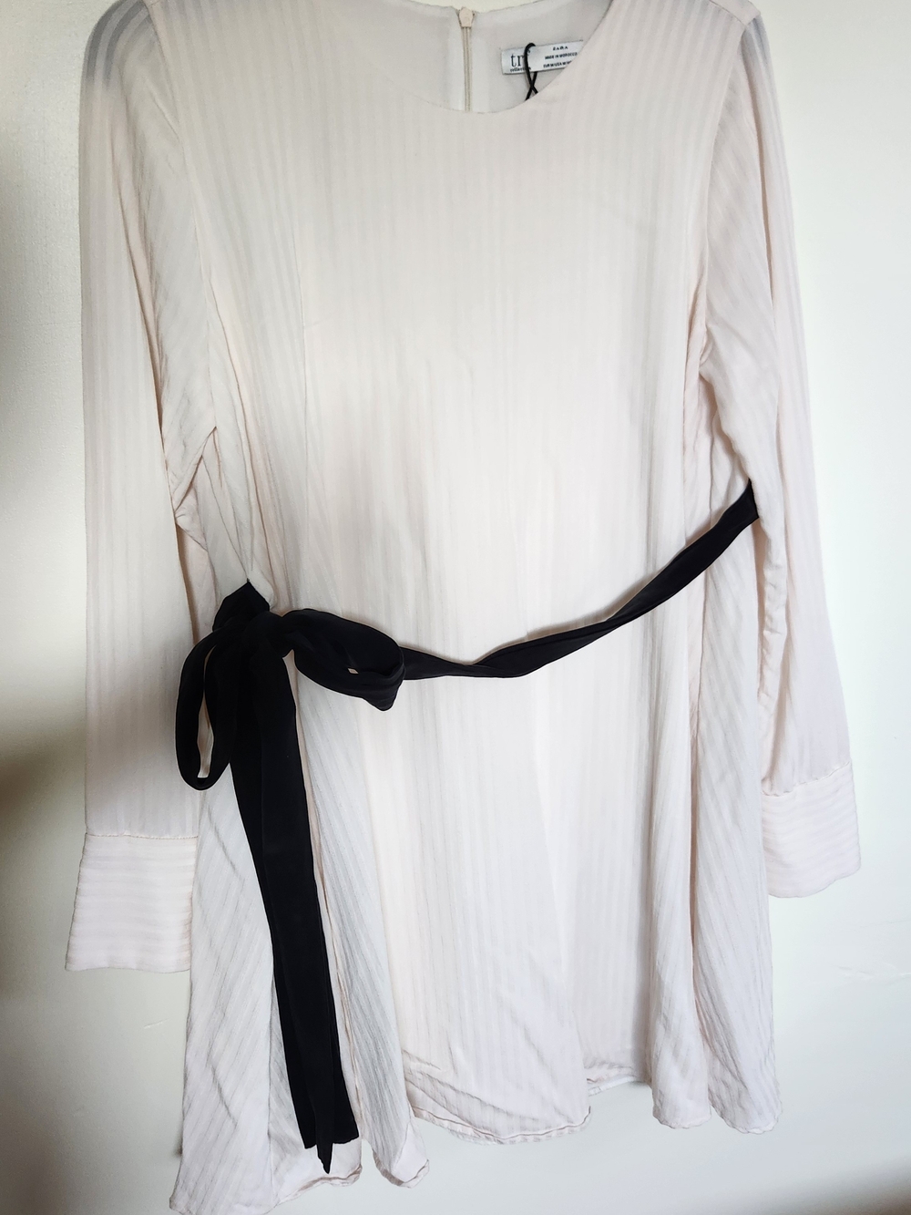 Zara Pale Pink Long-Sleeve Dress with Black Waist Tie